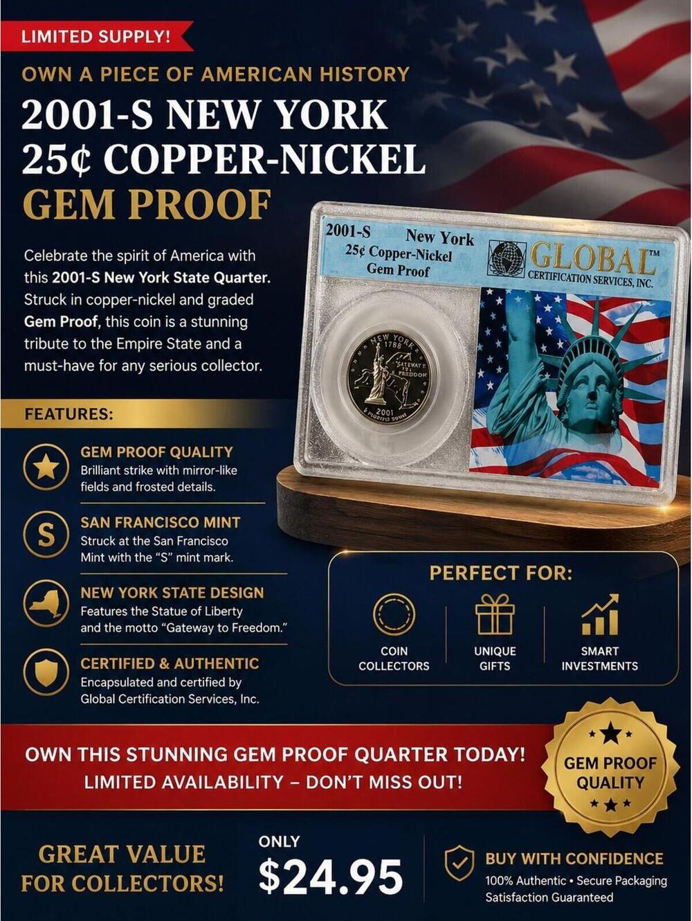 2001-S New York State Quarter – Gem Proof – Certified Slabbed Coin
